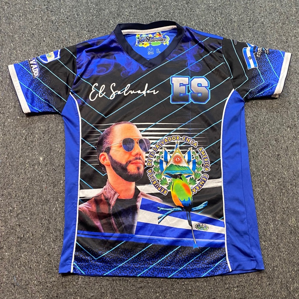 Chan El Salvador Nayib Bukele Jersey Sz L Mens Blue Black Graphic TShirt ES Bird